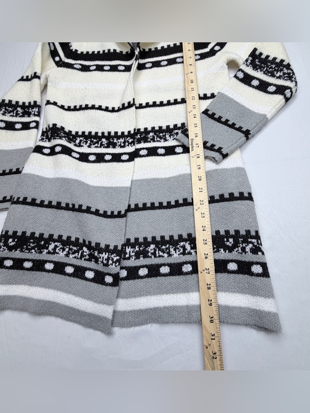 Hooded Open-Front Long Cardigan Sweater - Cream, Gray & Black - Picture 4 of 10